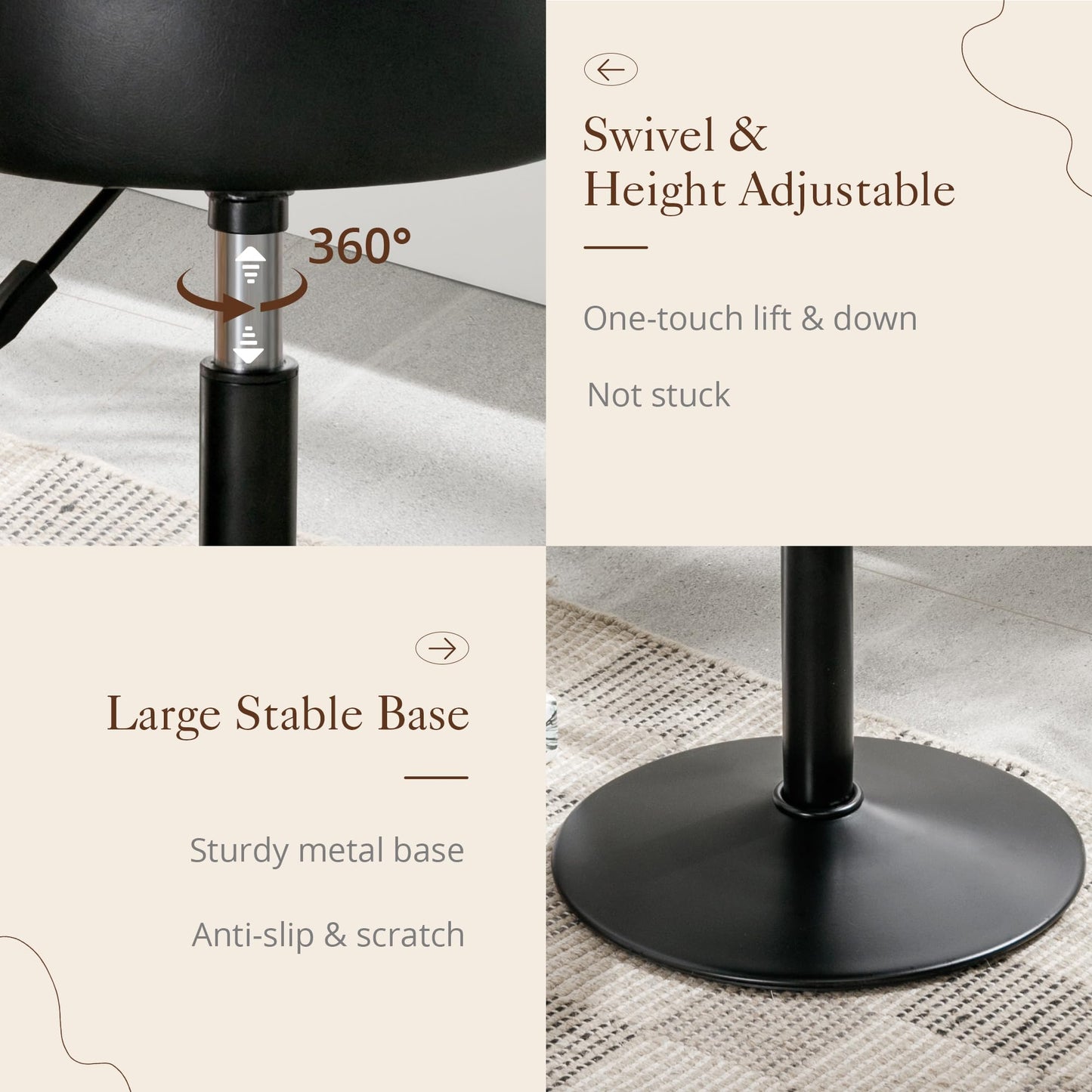 LUE BONA Adjustable Vanity Stool 15.8"-20.7", 360° Swivel Faux Leather Chair, 300lbs Capacity for Makeup Room, Bathroom, Living Room, Black