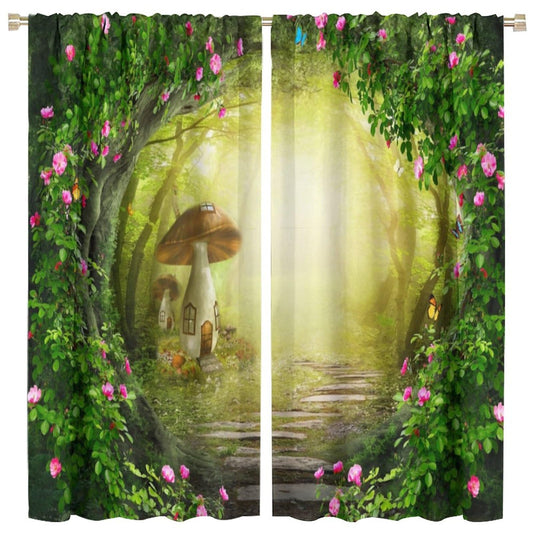 Fantasy Mushroom Curtains,Colorful Spring Trees Flowers Forest Theme Blackout Rod Pocket Window Drapes for Living Room Bedroom Home Decor W42xL45in