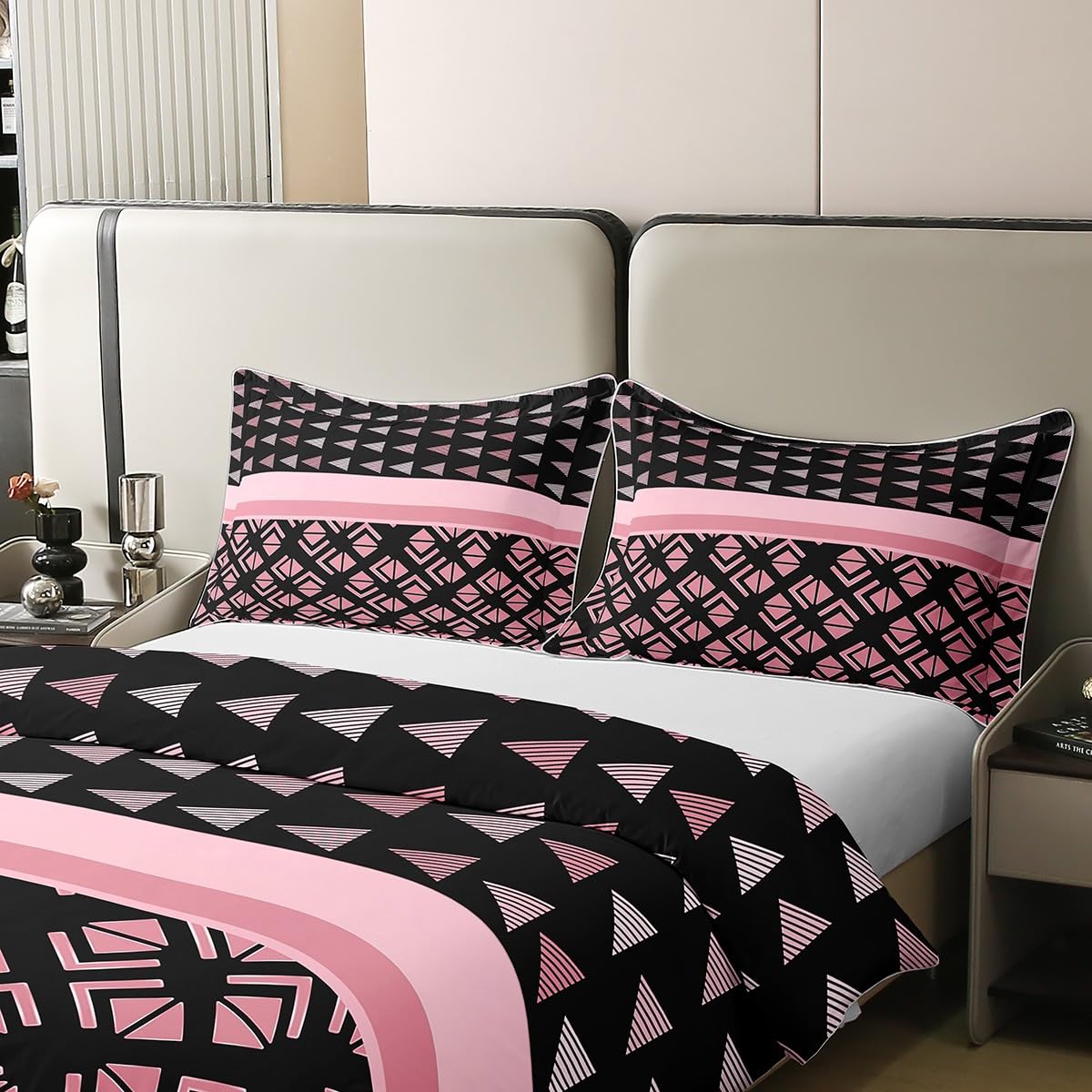 jejeloiu Comforter Cover Set Hexagonal Geometrical Bedding Set for Kids Boys Girls Triangle Duvet Cover 100% Cotton Pink Black Bedspread Cover Bedding（No Comforter） Queen
