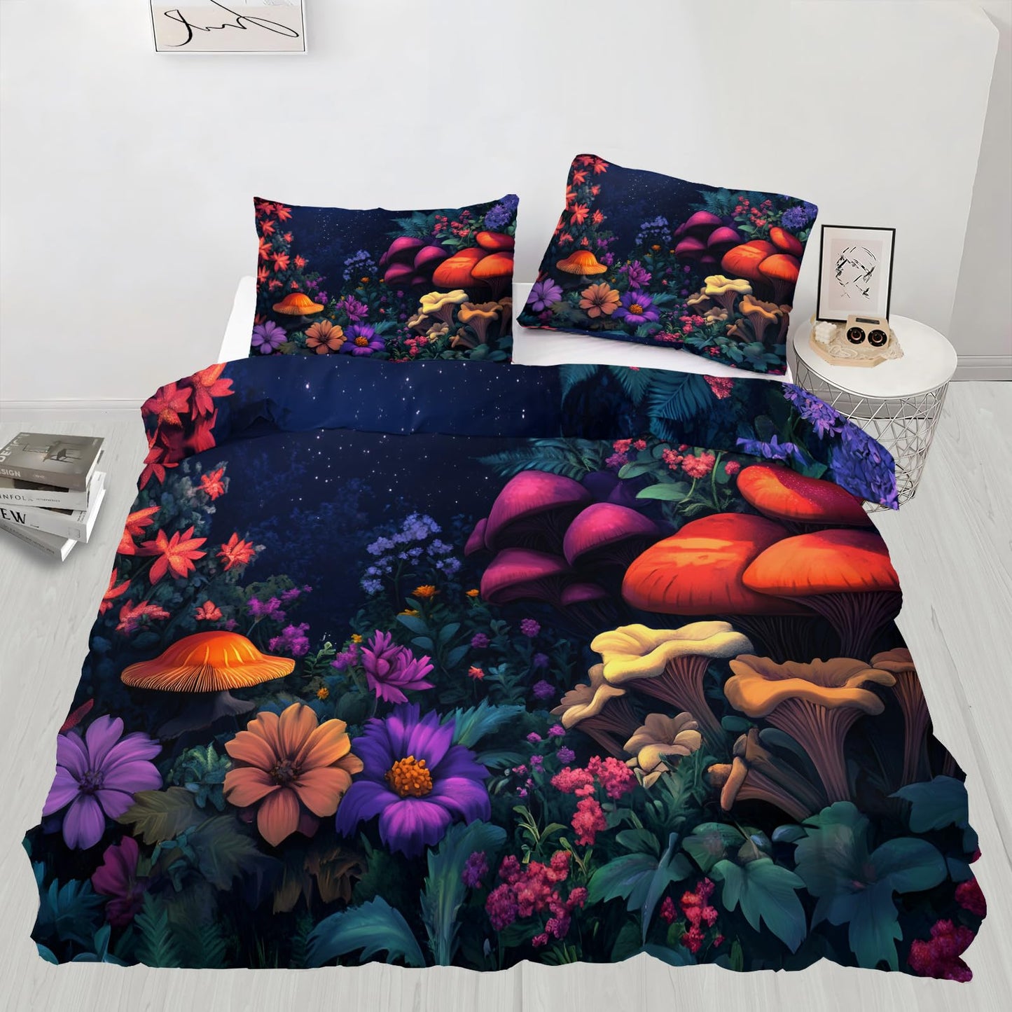 GKPLY Mushrooms Duvet Cover Cal King, Magical Forest Bedding Sets, Starry Floral Comforter Set, Zipper & Ties, Garden Duvet Cover & 2 Pillow Cases, Reversible Print