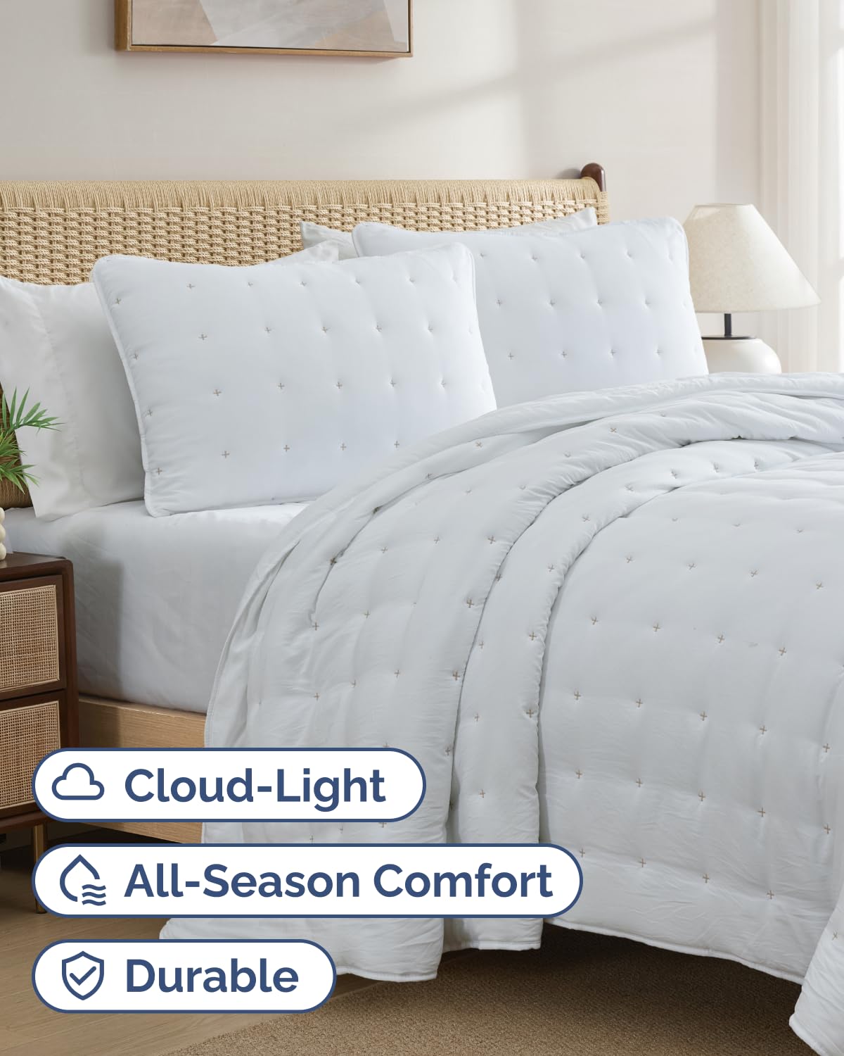 Quilts Queen Size - Bedspread for Queen Size - Lightweight Comforter Set - Quilt Bedding Set for All-Seasons - Ultra Soft, Breathable & Comfy - Summer Coverlet with 2 Pillow Shams - 90" x 96", White