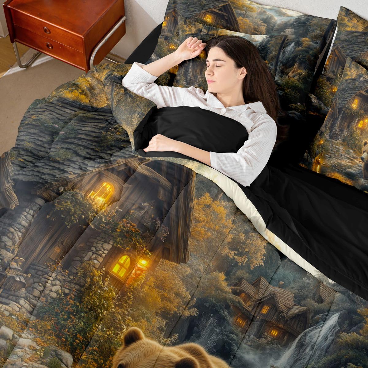 Erosebridal Cabin 7 Piece Bedding Set Queen Bear Comforter Set with Sheets Waterfall Snow Mountain River Woods Bed in a Bag Natural Theme Woodland Trees for Teens Men Women