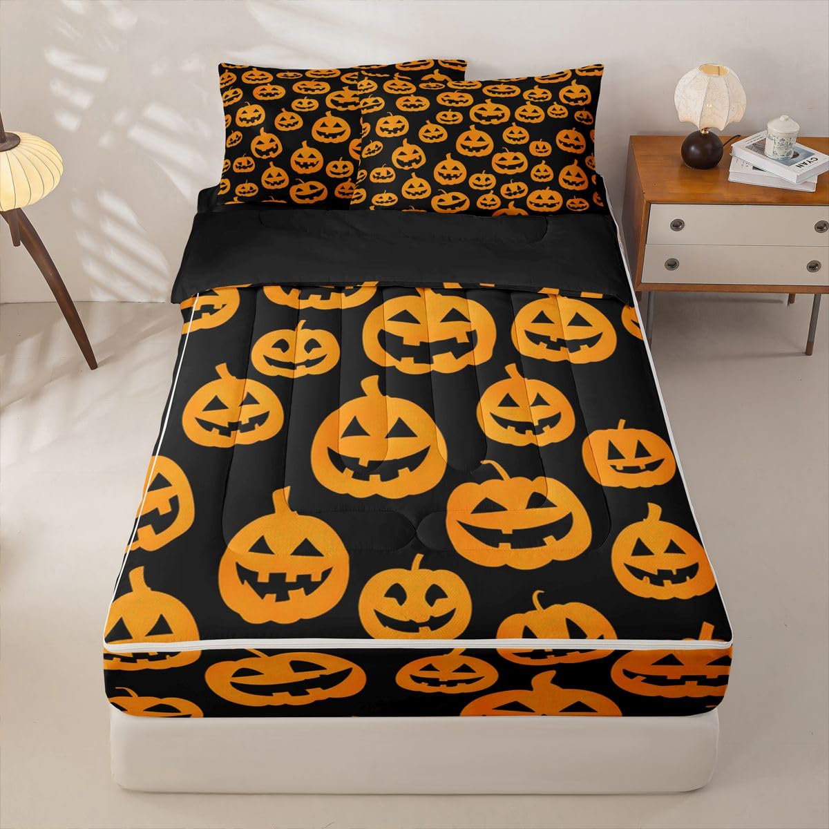 Feelyou Spooky Pumpkin Zipper Bedding Sets for Kids Boys Girls Halloween Themed Queen Comforter Set with Fitted Sheet Trick or Treat Bedroom Decor Graveyard Microfiber with 2 Pillow Cases