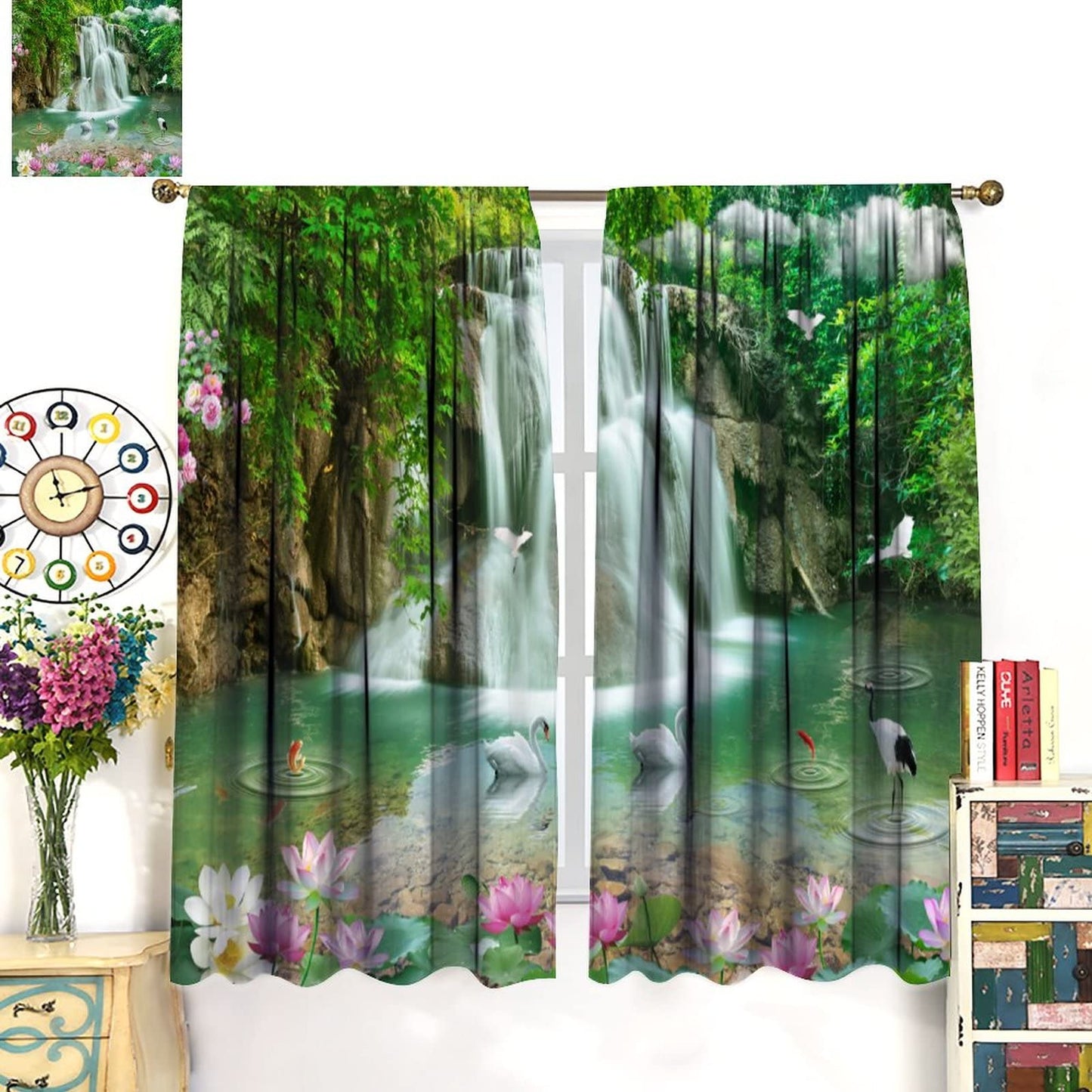 Waterfall Deocr Curtain, Japanese Style Waterfall Mountain Cloud Boat Flower Dreamy Scenes Home Decor Windows Rod Pocket Curtain for Living Room Nursery Boys Girls Bedroom Window Drapes 42" Wx45 L