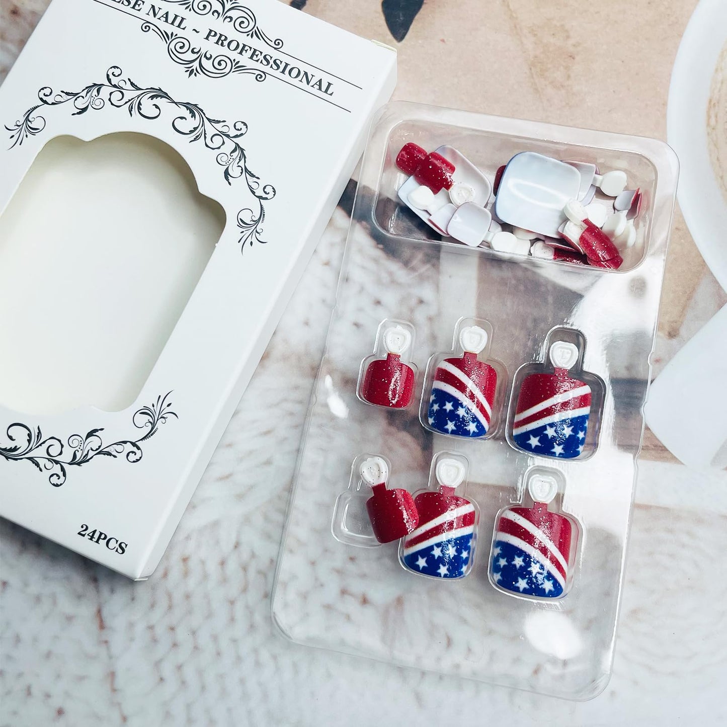 Independence Day Press on Toenails Short Square Fake Toe Nails Glitter Red Acrylic Toe Nails Full Cover American Flag Designs 4th of July Press Ons Artificial False Toenails for Women and Girls 24Pcs