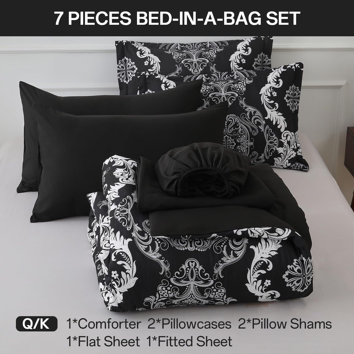 WONGS BEDDING 7 Pieces Comforter Set Queen Size, Black White Texture Bedding Set for All Season, Damask Soft and Breathable Bed in a Bag with Comforter, Flat Sheet, Fitted Sheet, Pillowcases & Shams