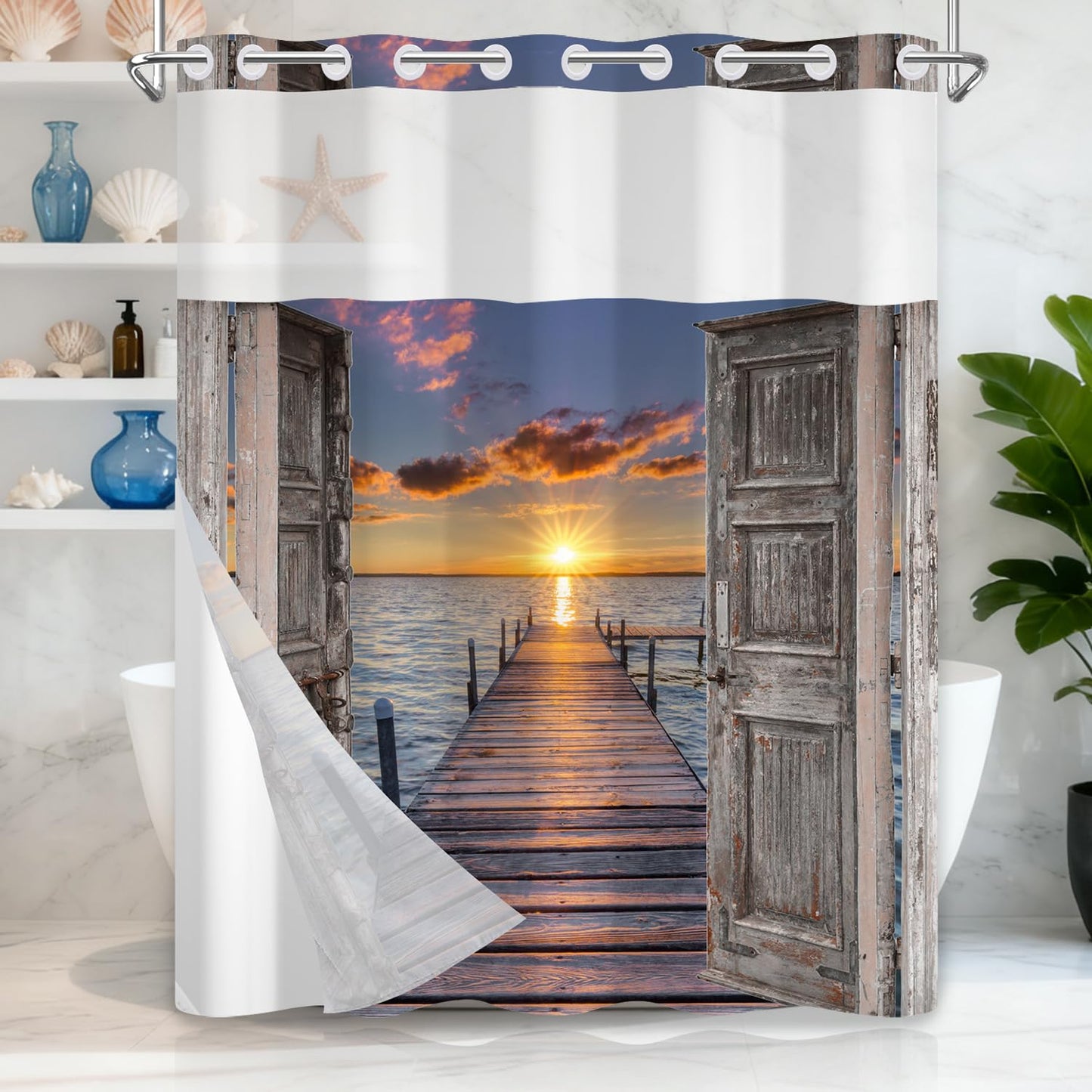 No Hook Beach Coastal Barn Door Shower Curtain with Snap in Fabric Liner, Waterproof Double Layers Washable Bathroom Curtain, Nautical Sunset Seaside Shower Curtains with Top Sheer Window, 71x74 Inch