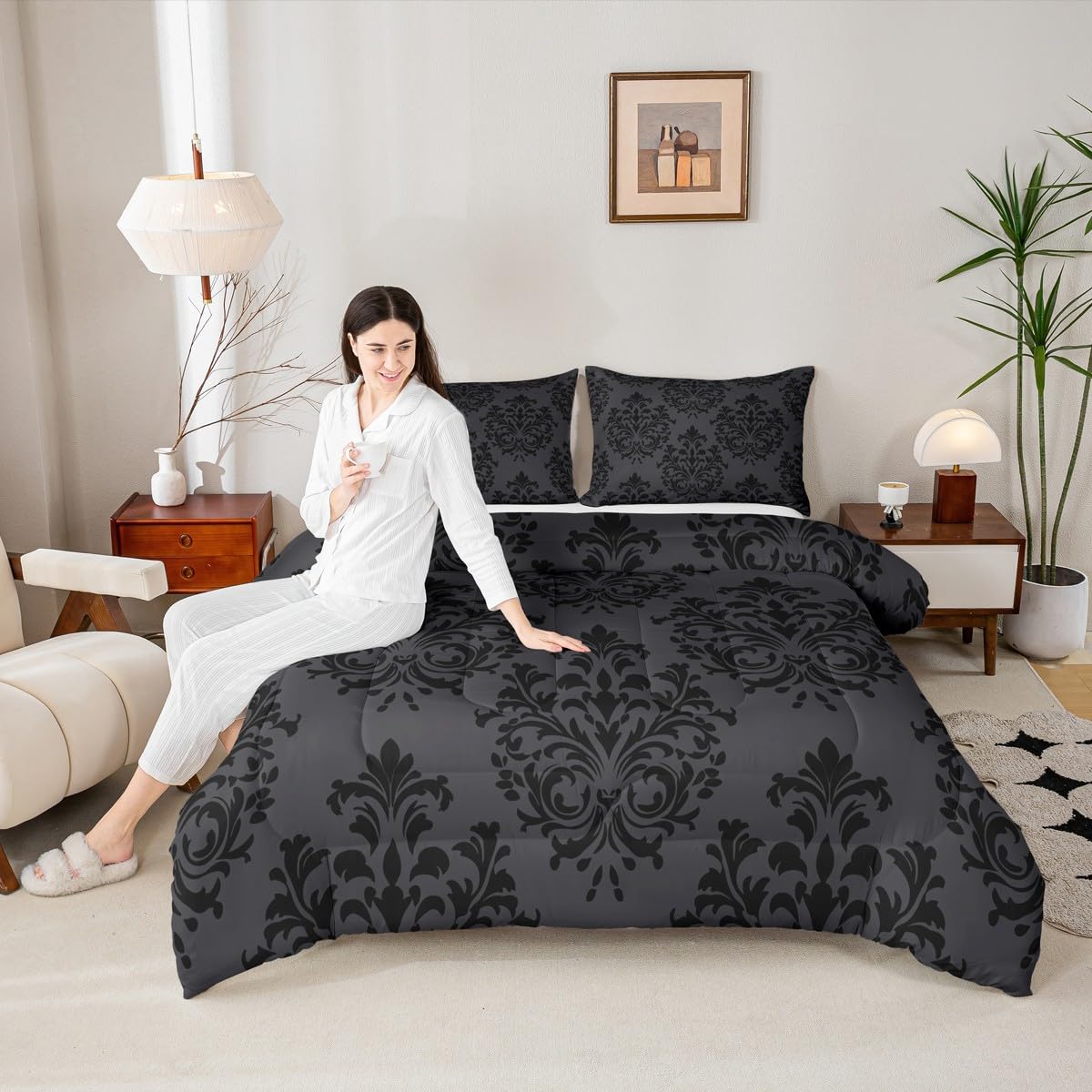 jejeloiu Damask Pattern Bedding Set Soft for Boys Girls, Floral Printed Comforter Set Queen Size Bohemian Damask Print Duvet Quilt Microfiber Baroque Style Bedroom Decor 3 Pcs with 2 Pillow Cases