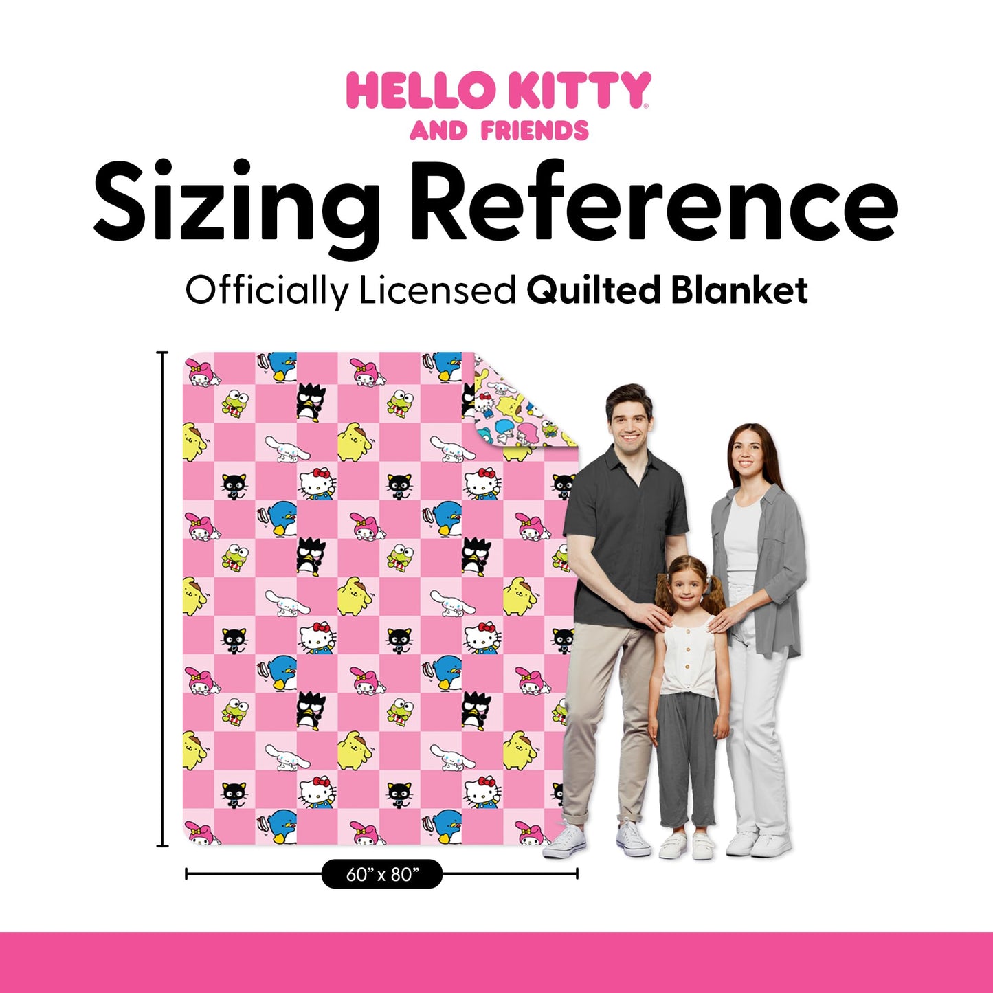 Northwest Hello Kitty & Friends Reversible Quilted Throw, Kawaii Checkered Pattern, Comfy Throw, for Anime Fans, Game Room, Chair or Couch, 60 x 80 Inches
