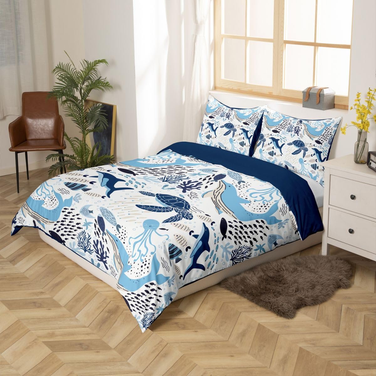 Erosebridal Turtle Bedding Sets King White Blue Whale Decor Teen Duvet Cover Set,Octopus Pattern Ocean Theme Comforter Cover Set Underwater Children Comforter Cover for Adult Kids Girls Boys