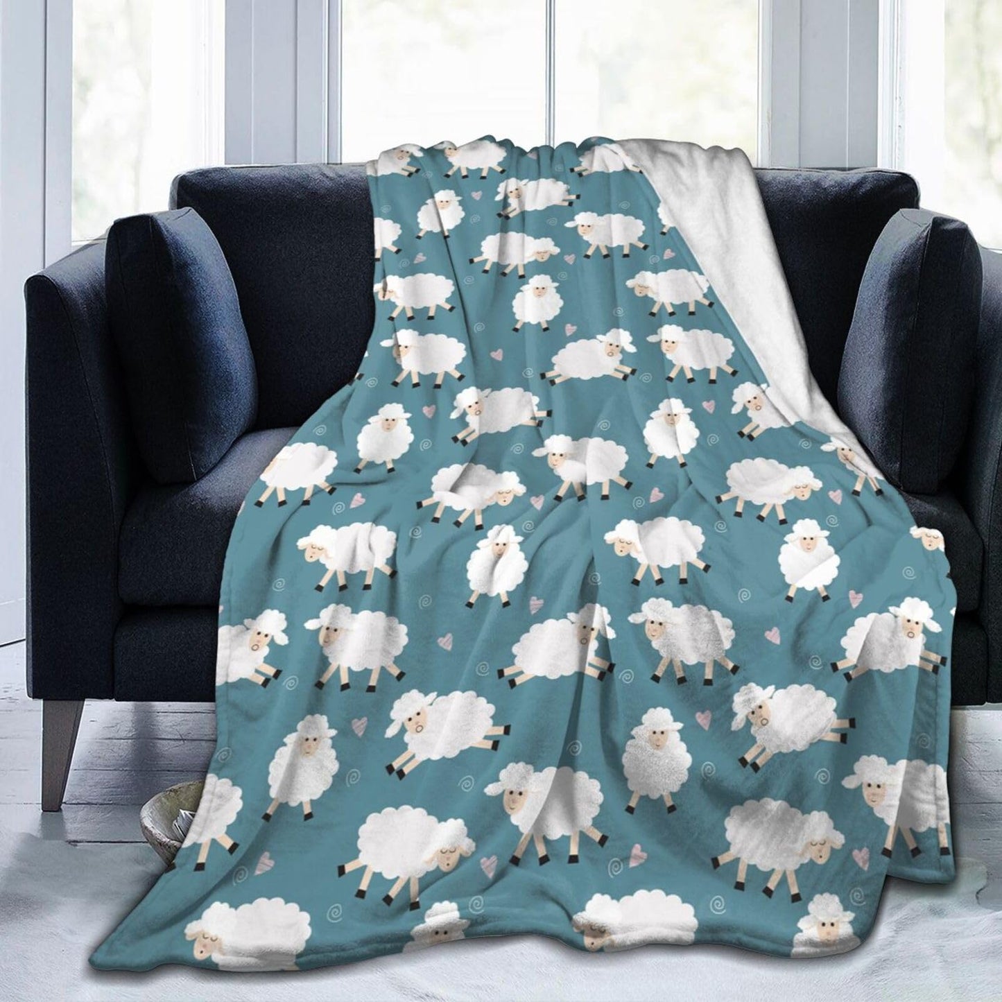 Gbuzozie Cute Sheep Blue Background Fleece Blanket Lightweight Ultra-Soft Throw Blanket for Sofa Couch Bed Camping Travel - Super Soft Cozy Microfiber Blanket 60"X50"