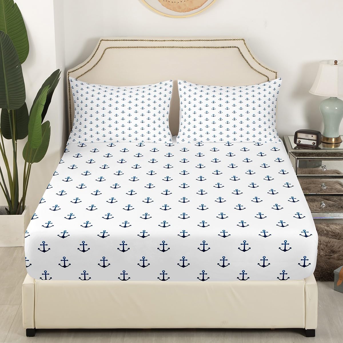 Cartoon Anchor Kids Fitted Sheet Twin Size,Nautical Adventure Ocean Anchor Bedding Set,Girls Boys Men Room Decor,Lake House Fishing Bed Cover,Blue White Fashion Bed Sheet,1 Pillowcase