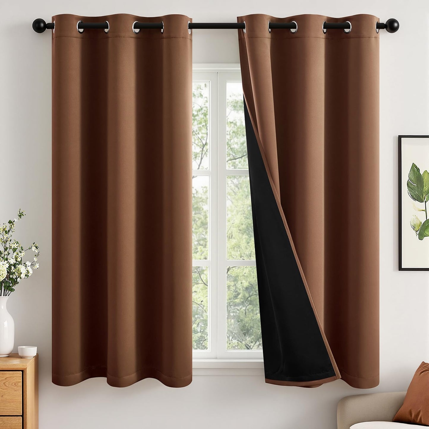 MIULEE 100% Blackout Curtains for Bedroom 63 Inch Long, 2 Thick Layers Thermal Insulated Black Out Window Curtains with Black Liner, Noise Reducing Grommet Living Room Drapes 2 Panels Mocha Brown