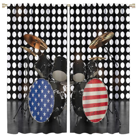 Music Curtains,Rock Roll Musical Instruments American Flag Drum Set Stage Theme Room Darkening Door Window Rod Pocket Curtain for Living Room Teens Boys Bedroom W42xL45in