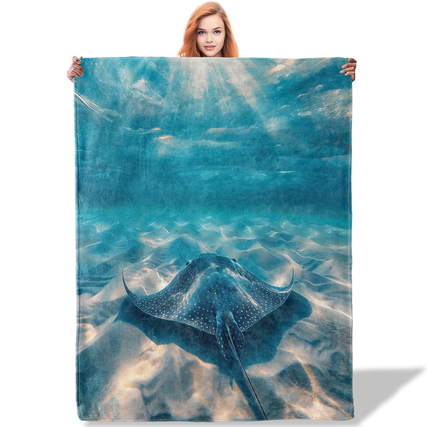 Plistiz Blue Ocean Stingray Throw Blanket 50x60, Fish Theme Blankets for Living Room Decor, Soft Flannel Stingray Gifts for Adults and Kids