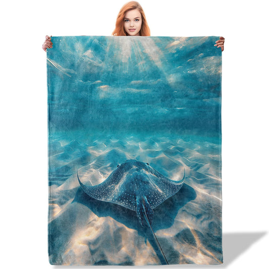 Plistiz Blue Ocean Stingray Throw Blanket 50x60, Fish Theme Blankets for Living Room Decor, Soft Flannel Stingray Gifts for Adults and Kids