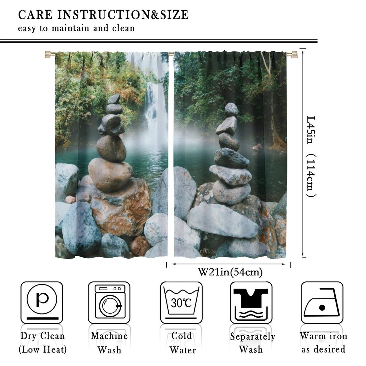 DDCBNS Natural Zen Curtains,Forest Landscape Waterfall Stone Printed Art Design Polyester Fabric Curtains for Bedroom Living Room Kitchen Rod Pocket Window Drapes 2 Panels Set,Total Size 42" x 45"