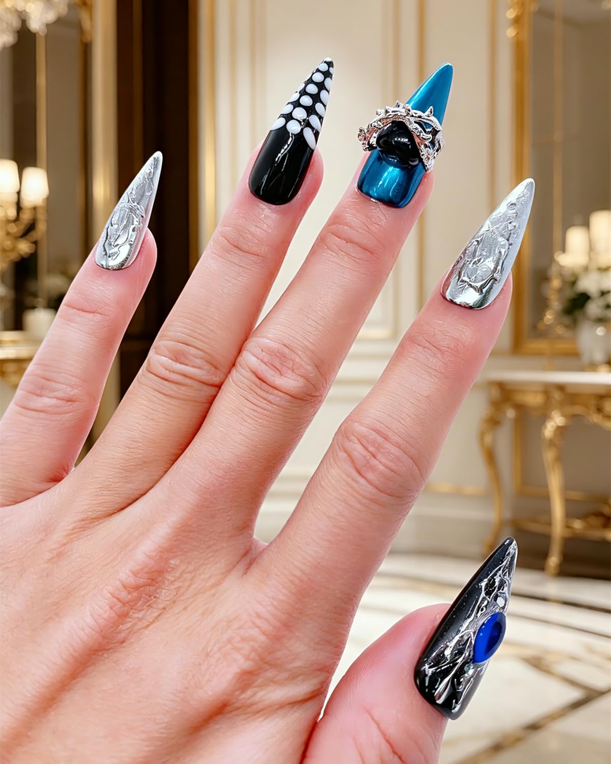 CAMILCY Luxury Handmade Press on Nails Long Stiletto Blue Black Silver Chrome Gothic Y2K Fake Nails with Charms Glossy Hand Painted Salon Acrylic Nail Art Tips for Women 10pcs (A047, M)