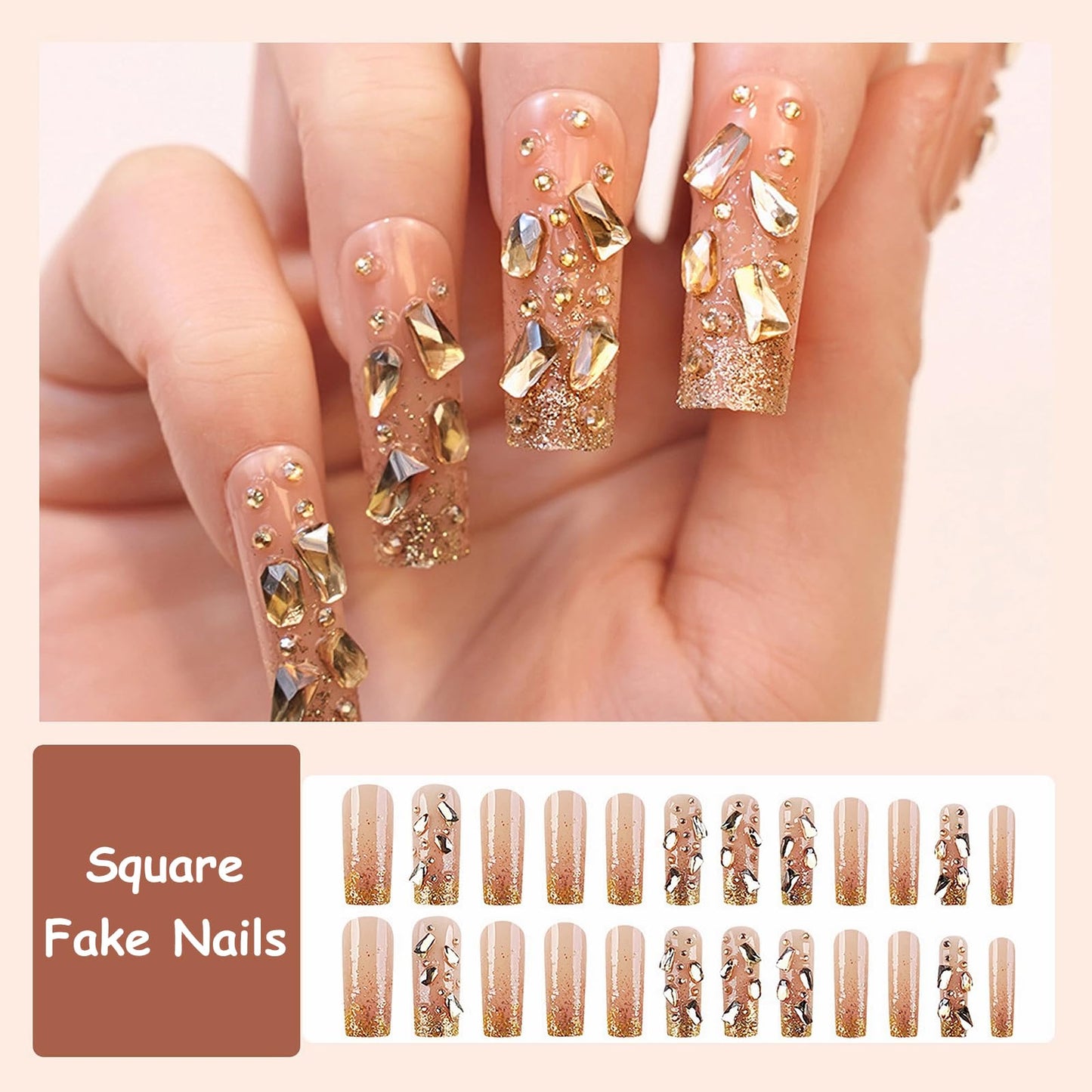 MISUD Press on Nails - Long Square Glue on Nails with Bling Gold Glitter, Acrylic Luxury Rhinestone Design 24 pcs