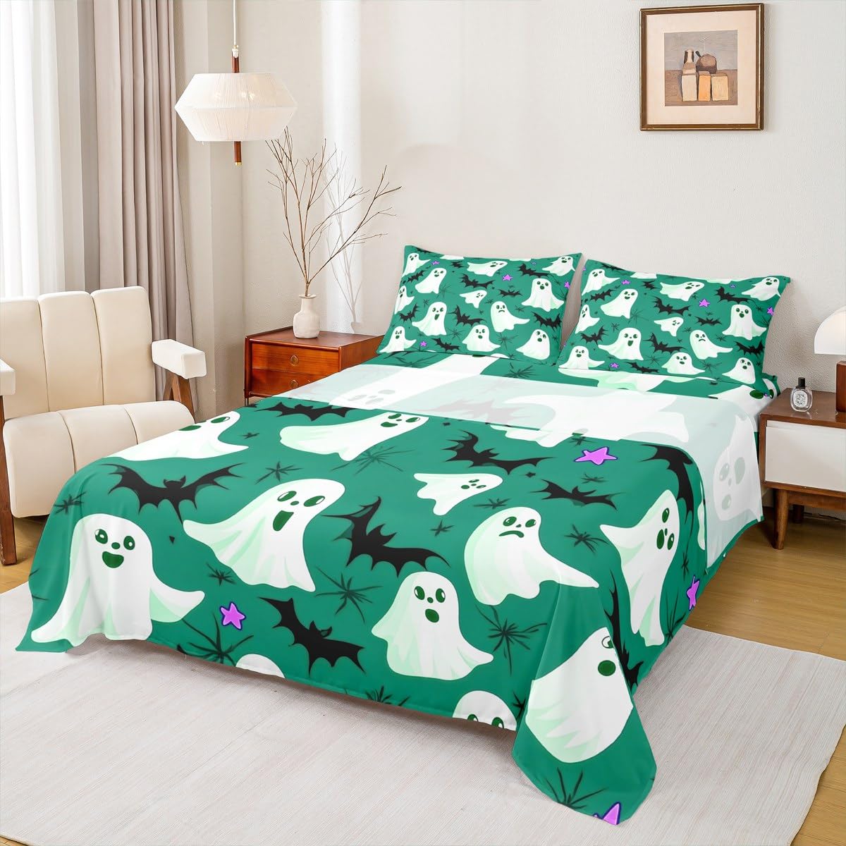 Feelyou Kids Halloween Sheet Set Queen Size, Cute Ghost Bed Sheets Set Boys Girls Ghost Festival Sheets with Deep Pocket Fitted Sheet Cartoon Bats Teens Bedding Set Bedroom Decor 4Pcs
