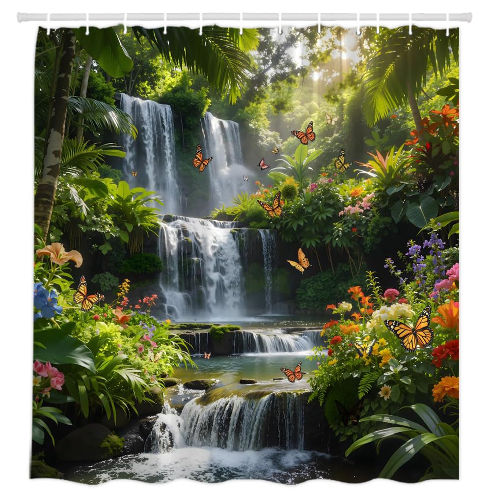 Forest Waterfall Shower Curtain Fantasty Spring Garden Flowers Butterflies Green Plants Streams Sunshine Rustic Natural Scenery Bathroom Decor Polyester Fabric Curtains with Hooks 70" W X 70" L