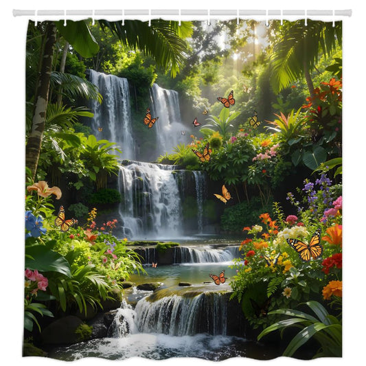 Forest Waterfall Shower Curtain Fantasty Spring Garden Flowers Butterflies Green Plants Streams Sunshine Rustic Natural Scenery Bathroom Decor Polyester Fabric Curtains with Hooks 70" W X 70" L