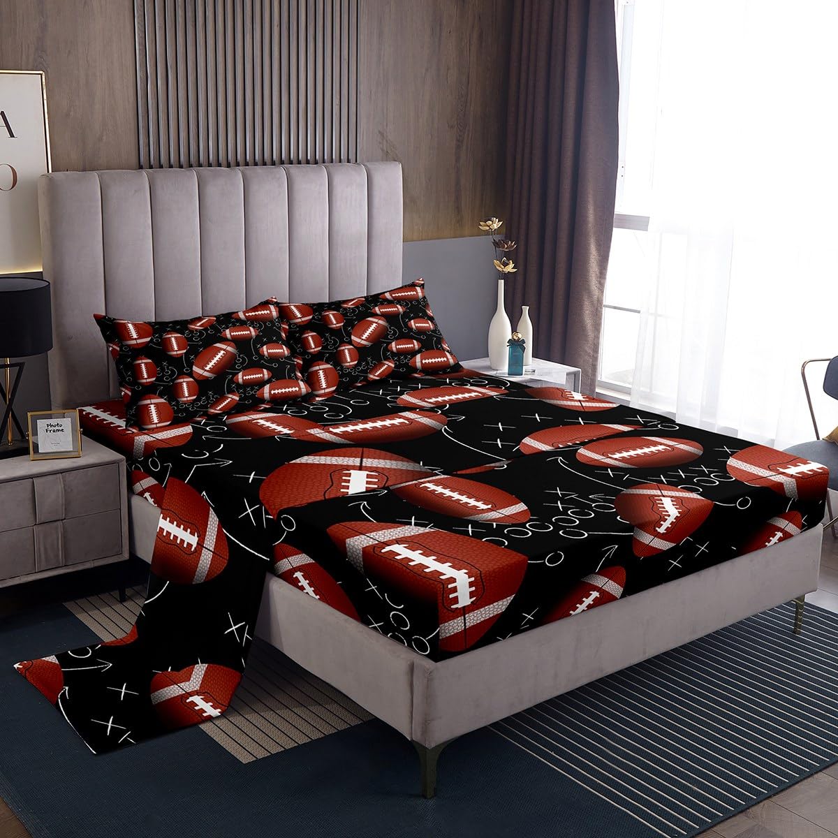 3D American Football Bed Sheet Set Twin Size,Chic Ball Sports Theme Sheets for Kids Boys,Rugby Game Bedding Set (1 Top Flat Sheet+1 Fitted Sheet+1 Pillowcase)