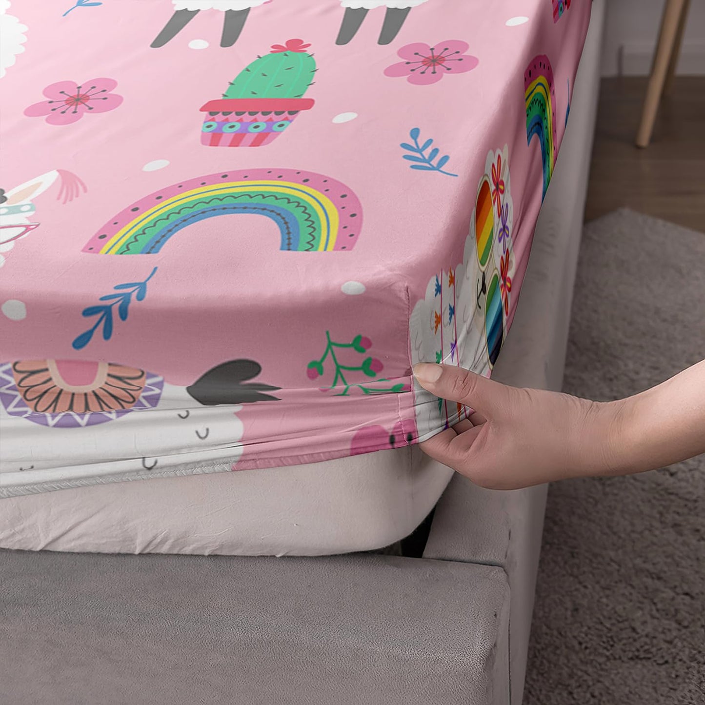 HOSIMA Kids Girls Pink Twin Fitted Sheet with 2 Pillowcases,Cute Llama Alpaca Fitted Sheet Animal Bedding Sets for Room Decor,Rainbow Cactus Flower Sheets with 15Inch Deep Pockets.