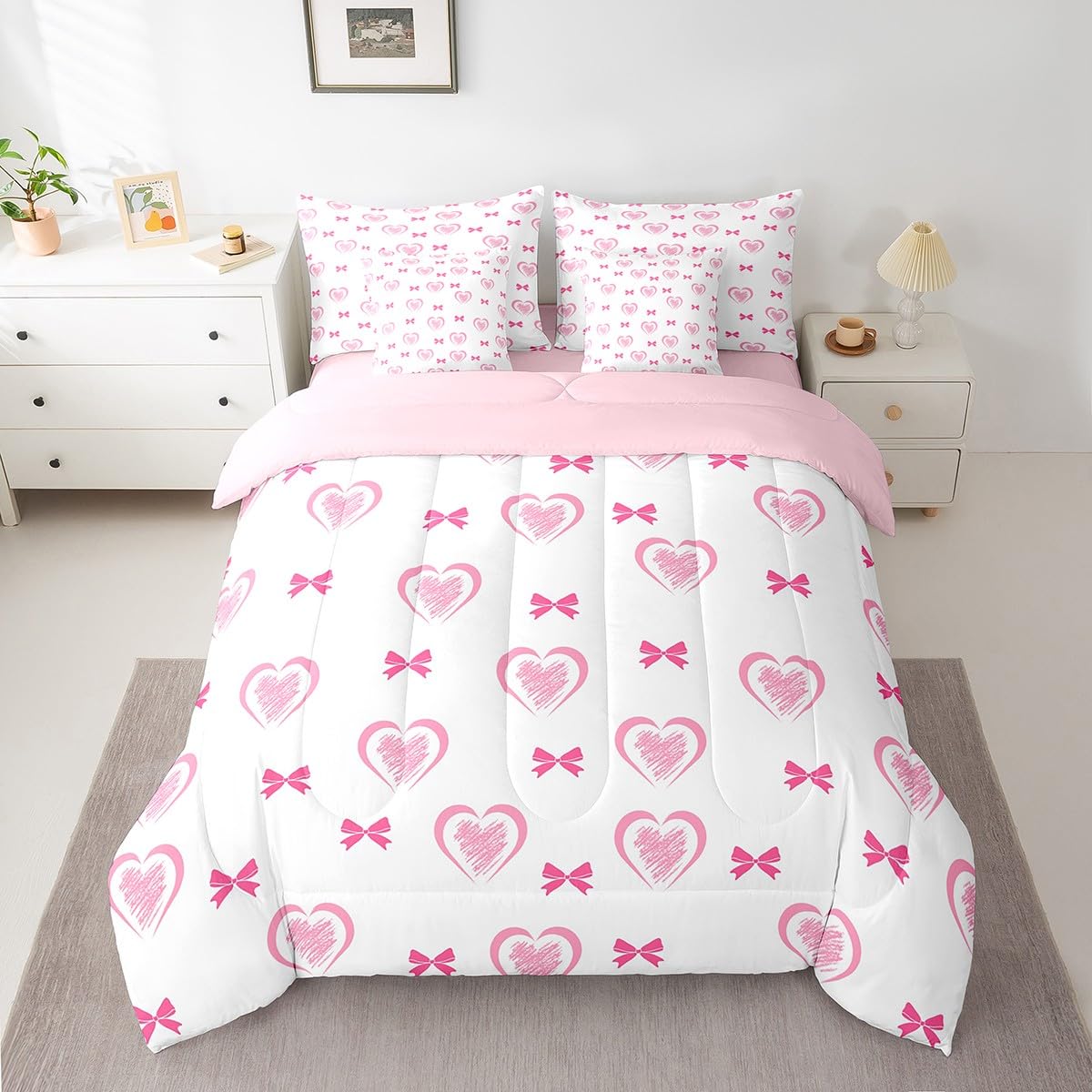Erosebridal 7 Piece Heart Pattern King Bedding Set,Kawaii Pink Bowknot Kids Comforter Set for Girls Boys,Valentine Bow Love Heart Shaped Sheet Set,Dreamy Princess Style Reversible Bed in a Bag