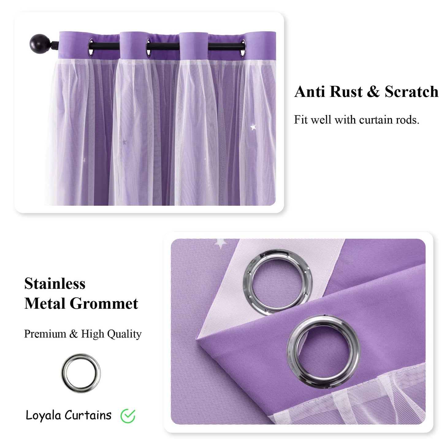 Loyala Stars Curtains for Kids, Double Layer Curtains, Blackout Curtains for Bedroom, Kids Curtains, Cute Curtains, Kids Blackout Curtains, Set of 2 Panels, Purple Curtains, 52 X 63 Inches
