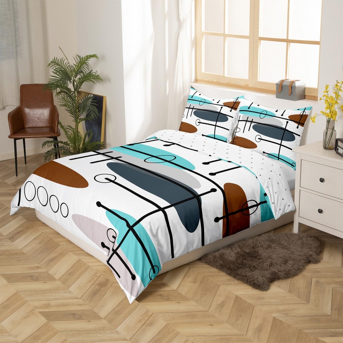 Erosebridal Mid Century Duvet Cover King Modern Minimalist Bedding Set, Hippie Old Fashion Comforter Cover Abstract Artwork Bed Set, Aesthetic Lines Circles Bedding Teal White Grey (Zipper Closure)