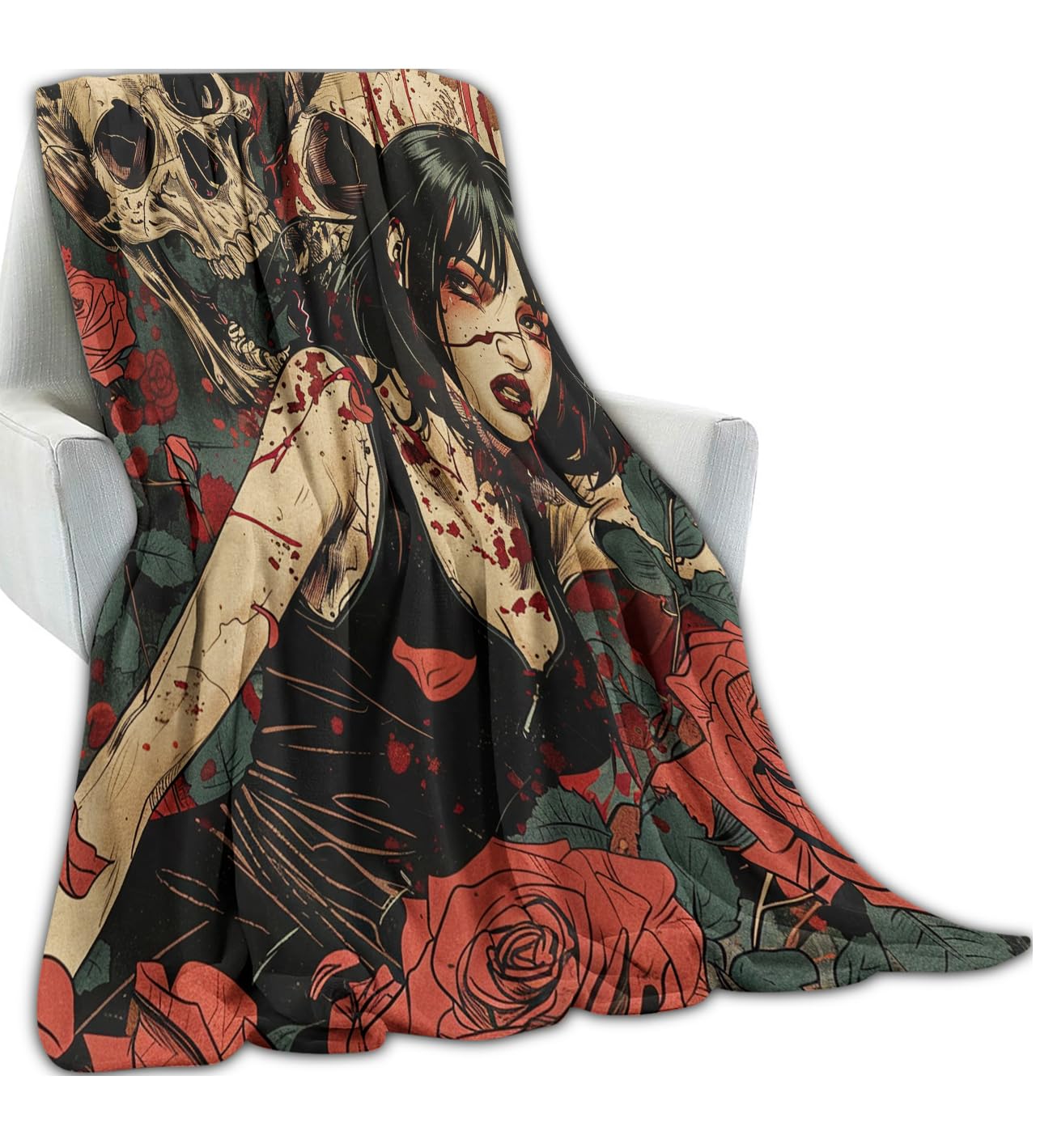amepay Scared Bleed Female Blanket, Gothic Skull Red Rose Aesthetic Throw Blankets for Halloween Home Bedroom Couch Room Decor, Fluffy Comfortable Warm Throws, for Artist Adults Women, 50x60 in