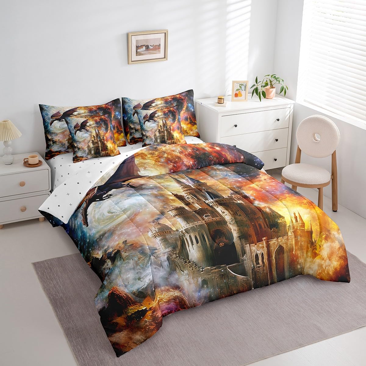 7 Pieces Retro Castle Galaxy Comforter Set Queen,Flying Dragon Bed Set for Kids Boys Girls,Magical Starry Sky Bedding(1 Comforter,1 Fitted Sheet,1 Flat Sheet,2 Pillowcases,2 Throw Pillow Cover)