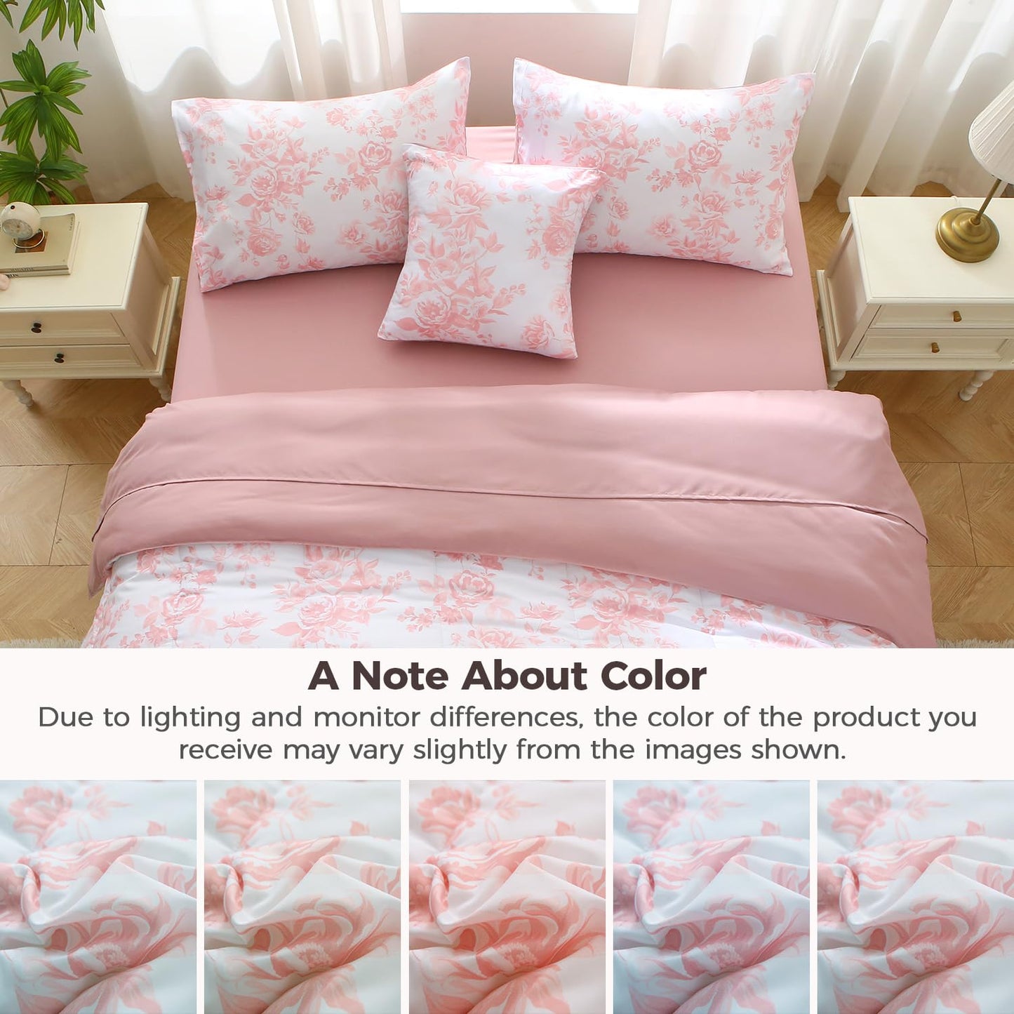 JQinHome Queen Comforter Set - 6 Pieces Reversible Pink Rose Floral Bedding Set, Bed in a Bag with Solid Pink Back Microfiber Comforter, Sheets & Cushion Cover, Edredones Queen Set Completo