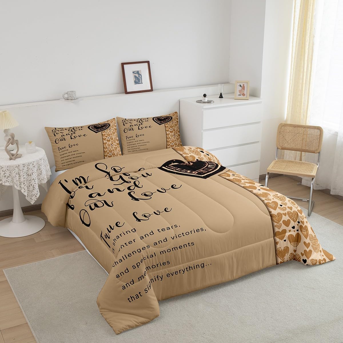 Erosebridal Romantic Motto Bedding Queen,Love Hearts Comforter Set for Lovers Couple,Valentine Gifts Down Comforter,True Love Bedding Comforter Sets for Wedding Engagement