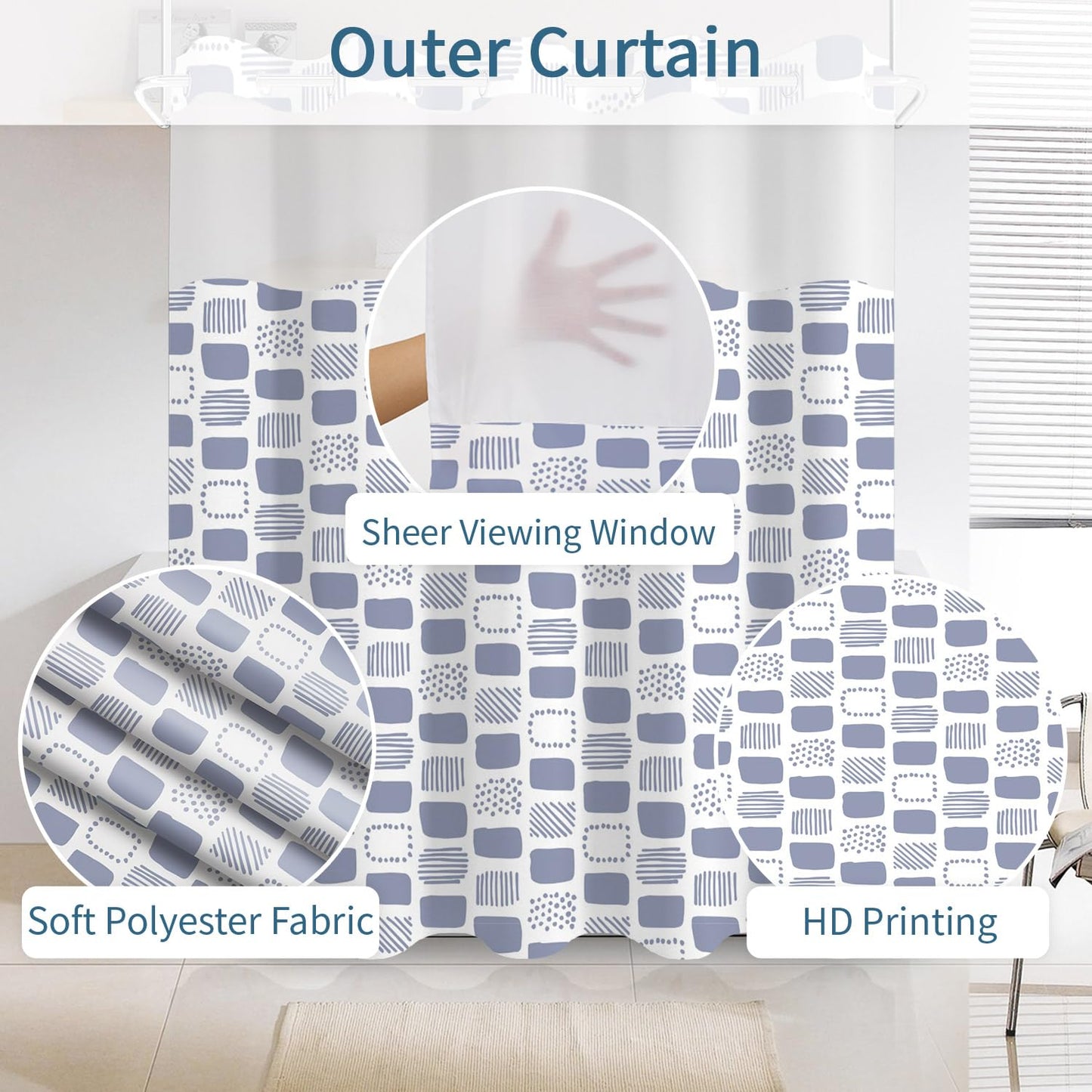 No Hook Shower Curtain with Snap in Liner Set, Boho Modern Abstract Geometric Unique Pattern Decorative Waterproof Fabric Shower Curtain for College Dorm Hotel Apartment Bathroom Bathtub, 71x74 Inch
