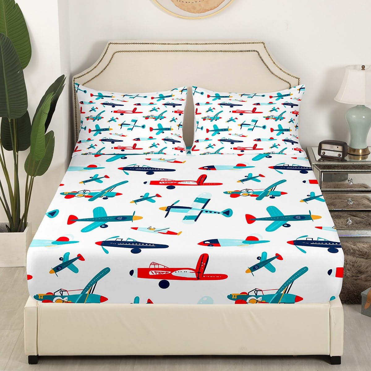 Airplane Cartoon Bedding Fitted Sheet Aircraft Flying Bed Sheet Set for Kids Boys Girls Novelty Cartoon Toys Bedding Sheets Aero Vehicles Cute Decor Bed Cover with 1 Pillowcase 2Pcs Bedding Twin