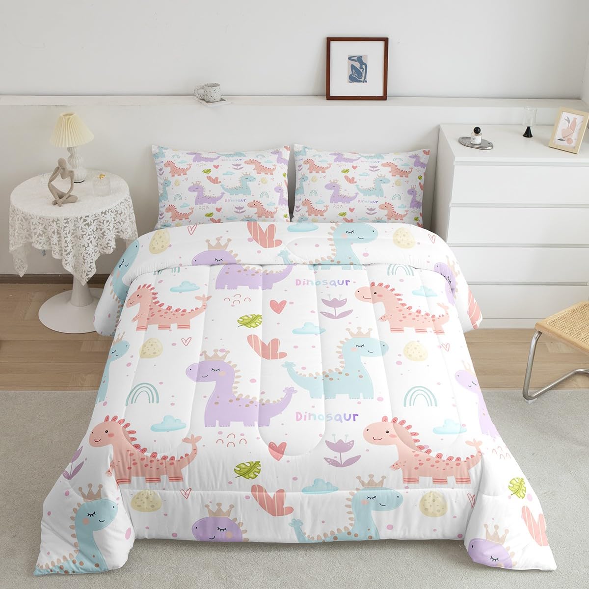 Castle Fairy Kawaii Dino King Comforter Toddler,Watercolor Cartoon Dino Rainbow Quilt Comforter with 1 Pillowcase,Cute Flowers Dreamy Clouds Bedding Set Comfortable,Soft and Breathable