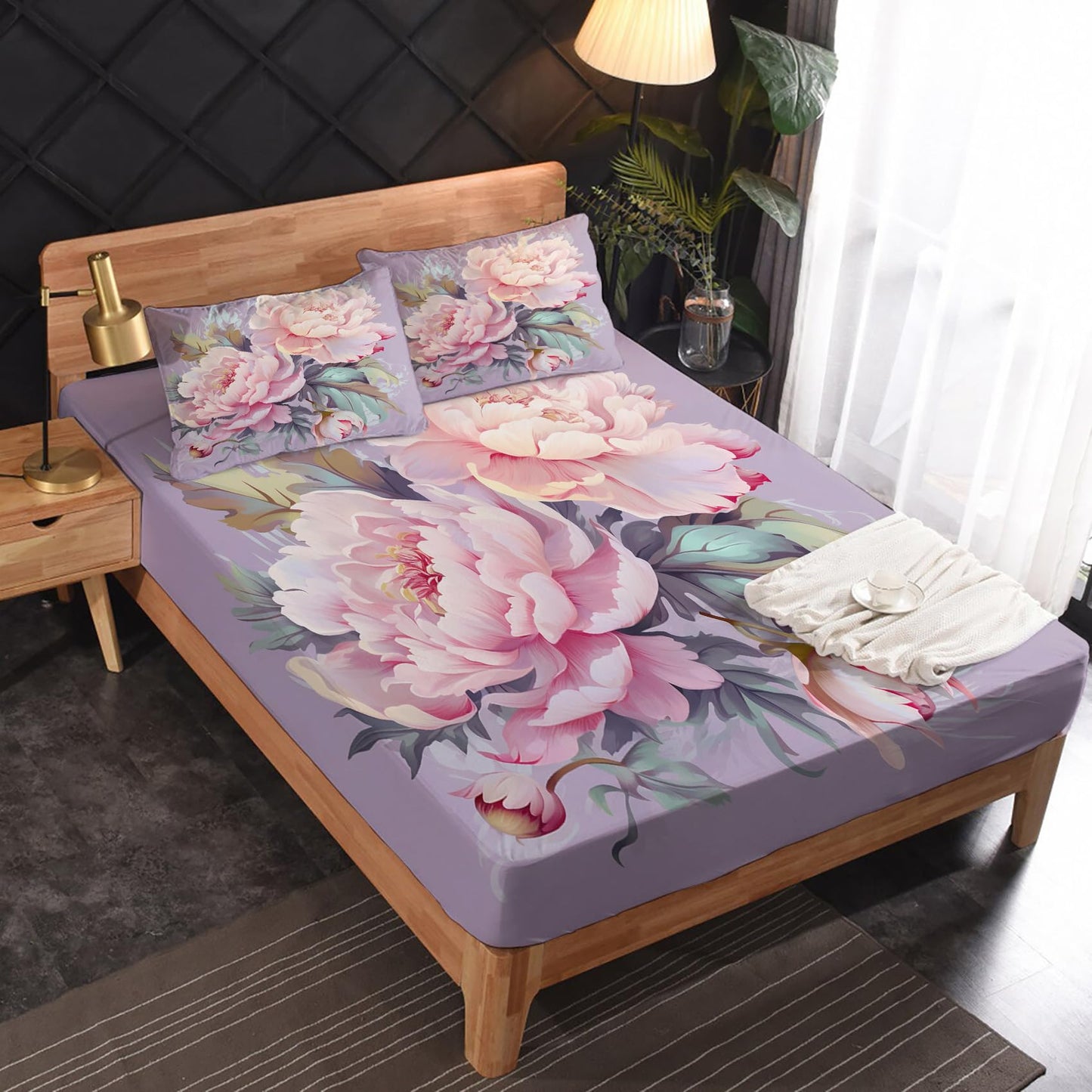 King Size Sheets Set - Peony Bed Sheets, Floral Bedding Sheets & Pillowcases, Soft Microfiber & Deep Pocket & Wrinkle Free Patterned Sheet Set, 4 Piece ( 1 Fitted Sheet, 1 Flat Sheet, 2 Pillow Cases )