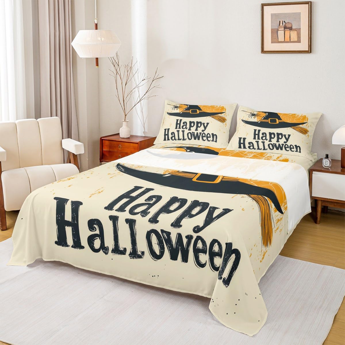 Feelyou Kids Happy Halloween Bedding Set Full Size, Witch Bed Sheets Set Boys Girls Spider Web Sheet Set Horror Decor Teens Bedroom Decor 4Pcs