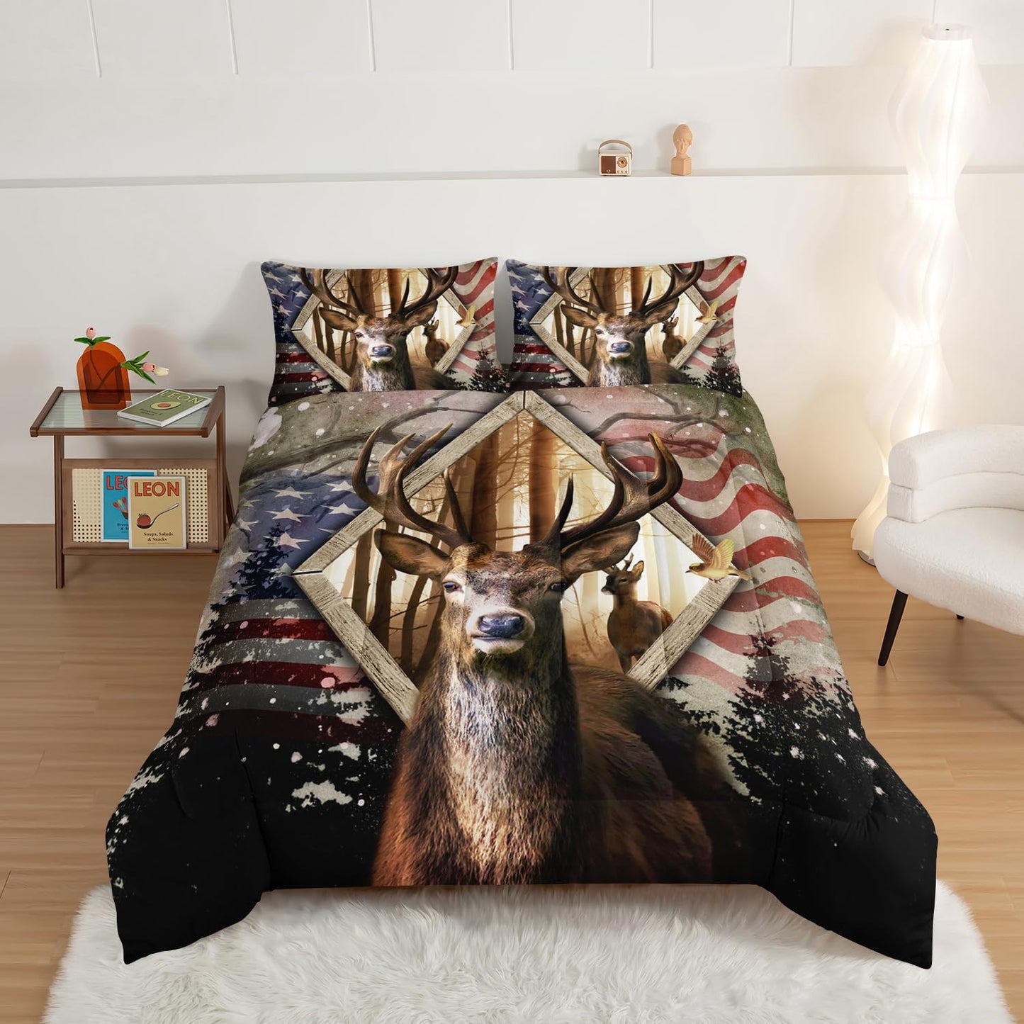HOSIMA Hunting Bedding Sets 3Pcs Deer Comforter with 2 Pillowcases,Western Farmhouse Animal Hunting Stars Stripes USA Flag Full Size Comforter for Teen Boys Mens Bedroom Essentials RV Inside Decor.