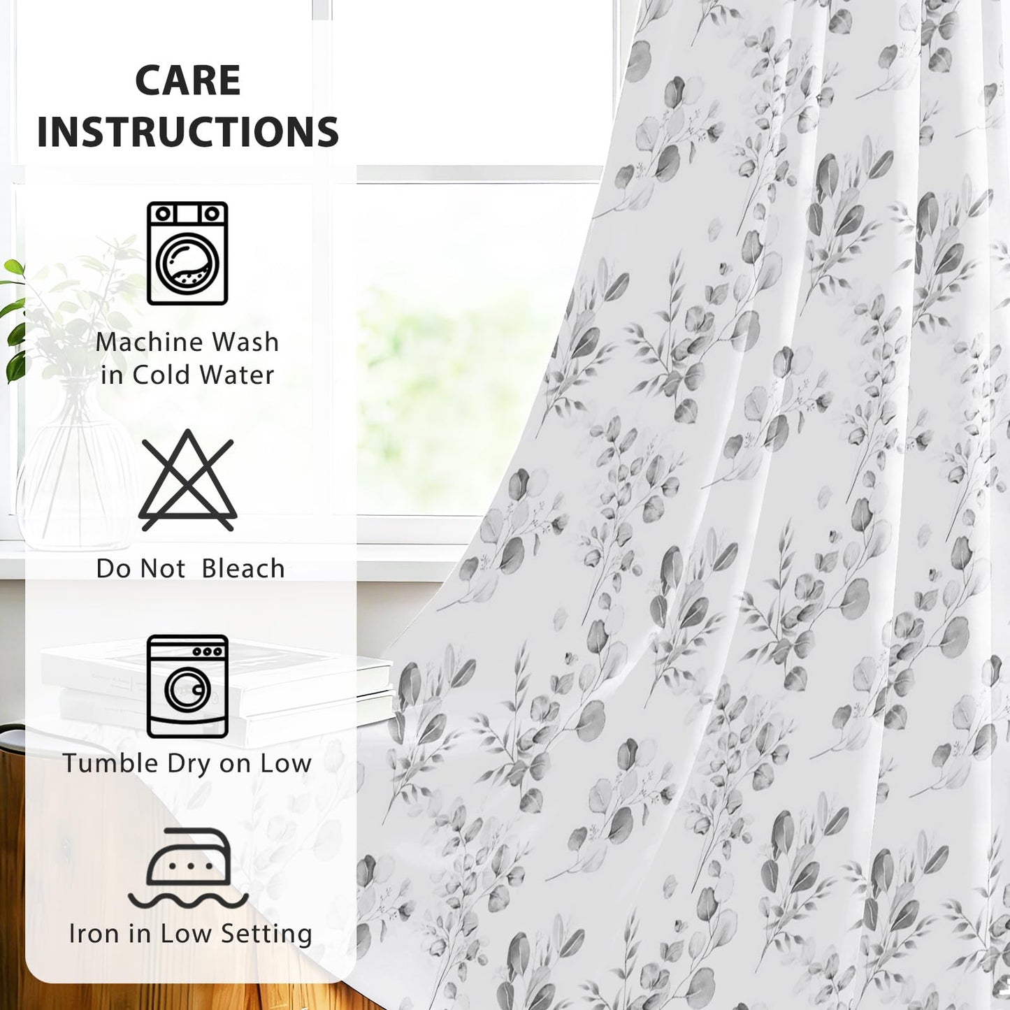 GICDSU Gray Botanical Leaf 90% Blackout Curtains 63 Inches Long Watercolor Floral Print Room Darkening Curtains with Grommet Country Soundproof Insulated Window Drapes for Bedroom Living Dining Room