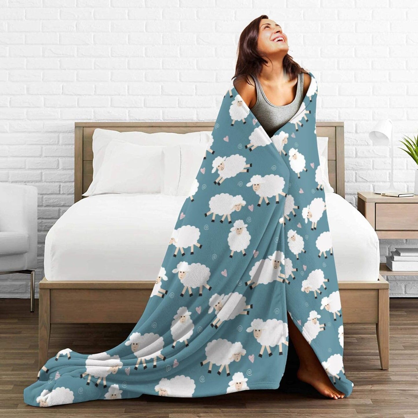 Gbuzozie Cute Sheep Blue Background Fleece Blanket Lightweight Ultra-Soft Throw Blanket for Sofa Couch Bed Camping Travel - Super Soft Cozy Microfiber Blanket 60"X50"