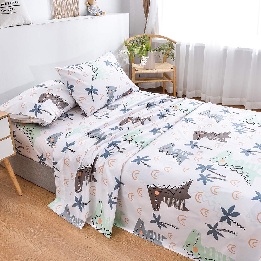 JSD Dinosaur Kids Sheet Set Twin Size, 3 Piece Palm Tree Printed Microfiber Bed Sheets Deep Pocket
