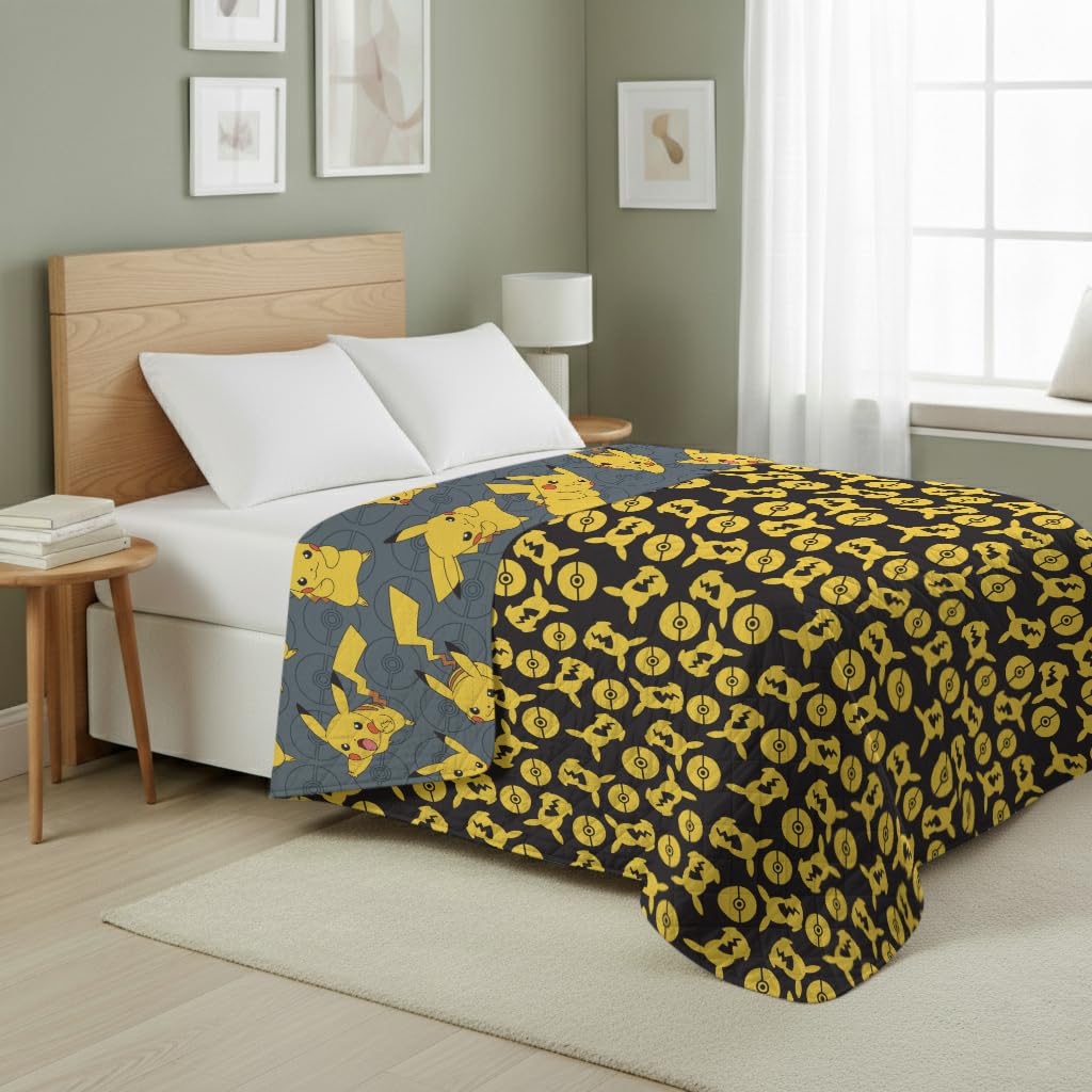 Northwest Pokemon Company Reversible Twin Quilted Blanket - Pikachu & Pokeball Pattern for Anime Fans, Cozy Blanket for Bed, Game Room or Couch, 60x90 inches