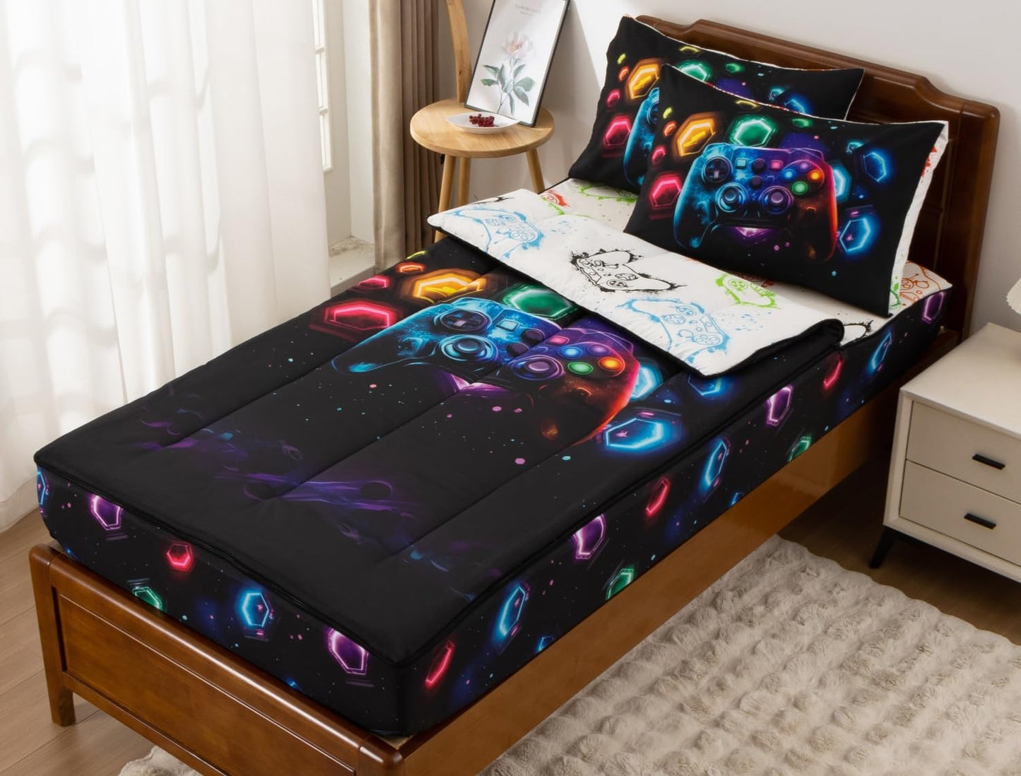 Meeting Story 3pcs Kids Comforter Set Zipper Bedding Set for Boys,Twin Kid Bedding Set Gaming Bedding for Kid,All in one Zipper Bedding (Black,Twin)