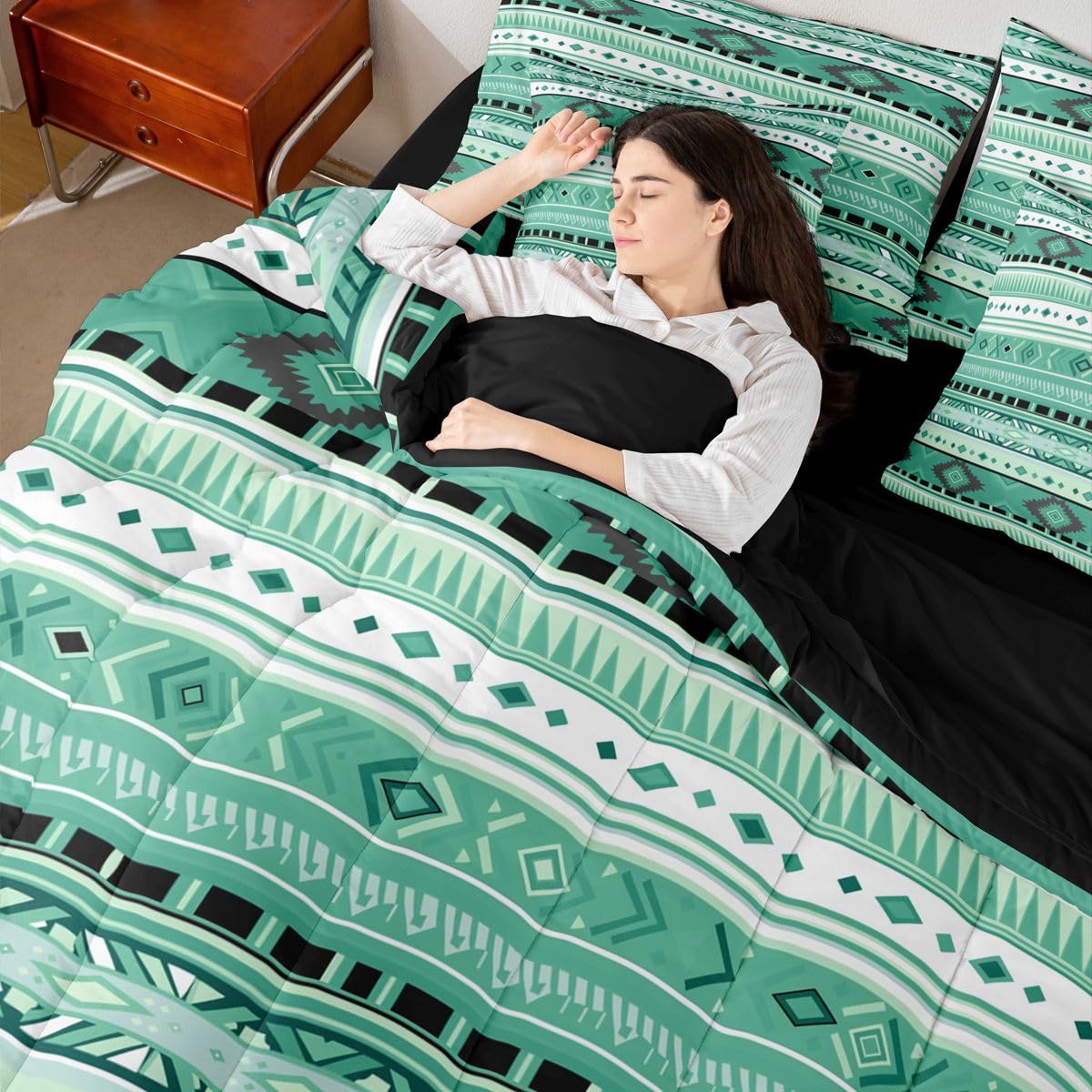 Erosebridal Southwestern Farmhouse White Green Aztec Full Comforter Set 7 Pieces | Bohemian Cowboy Cowgirl Bed in A Bag for Bedroom Tribal Adults Boho Bedding Set with Comforters Geometric Room Decor