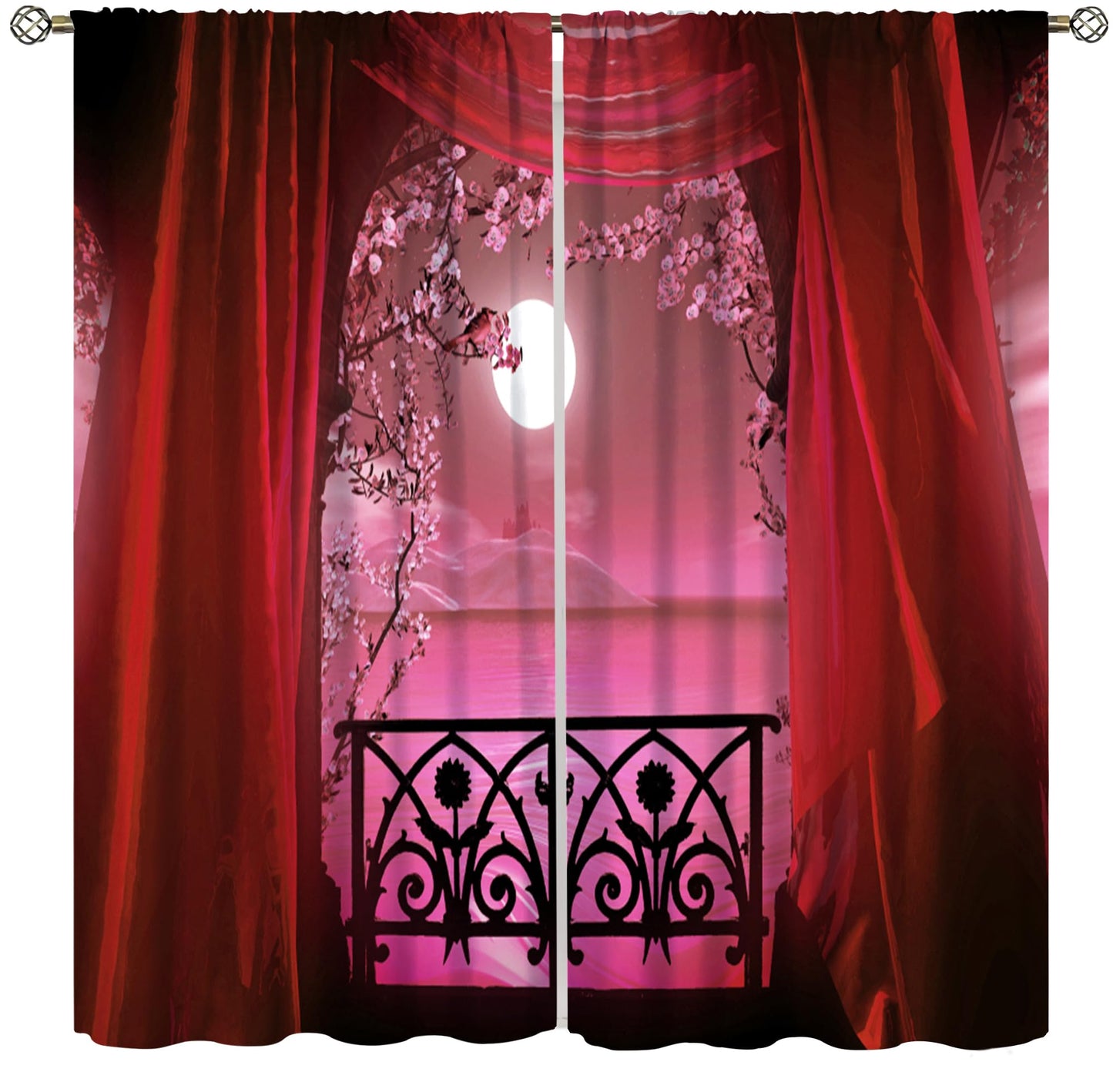 YCness Gothic Window Curtains, Retro Palace Architecture White Flowers Horror Atmosphere Calm Lake Scenery Window Treatments for Kitchen Bedroom Living Room 2 Panels Red Drapes 42x45 Inch