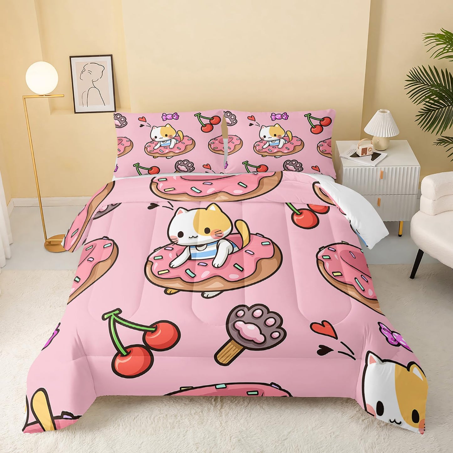 QOOMO Kawaii Cat Comforter Twin Size,Doughnut Cherry Cat Comforter Set for Kids Teens Girls,3Pcs Bedding Set Printed Comforter with 2 Pillowcases,Soft and Lightweight(Pink，Twin Size)