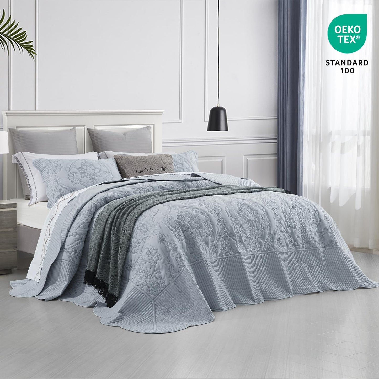 CHIXIN Oversized Bedspread Coverlet Set King Size - Lightweight Bedding Cover - Beautiful Stitching - 5 Piece Reversible Bedspread - Gorgeous Damask Paisley Pattern (King, Light Grey)